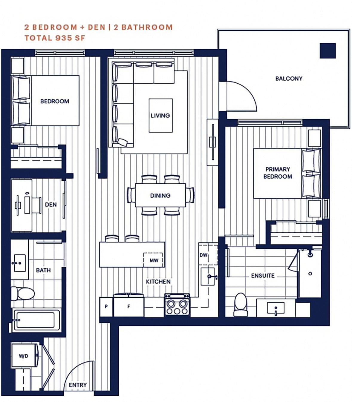 Floor plan for 2 beds, 2 baths, 931 sqft